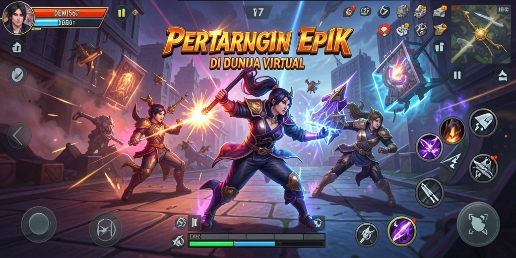 Tampilan gameplay DEWI567 yang menunjukkan pertarungan epik.