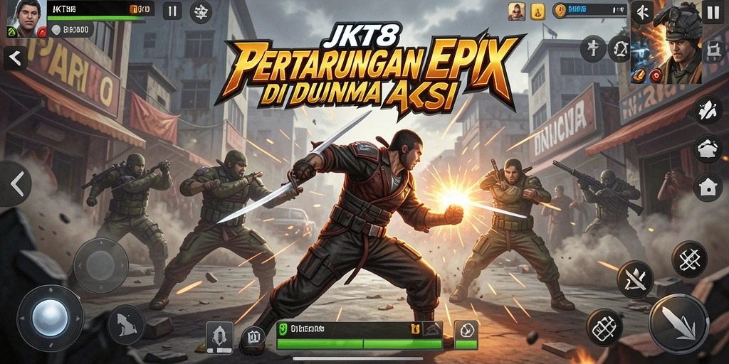 Screenshot utama JKT8 menunjukkan aksi pertarungan yang intens dan menyenangkan.